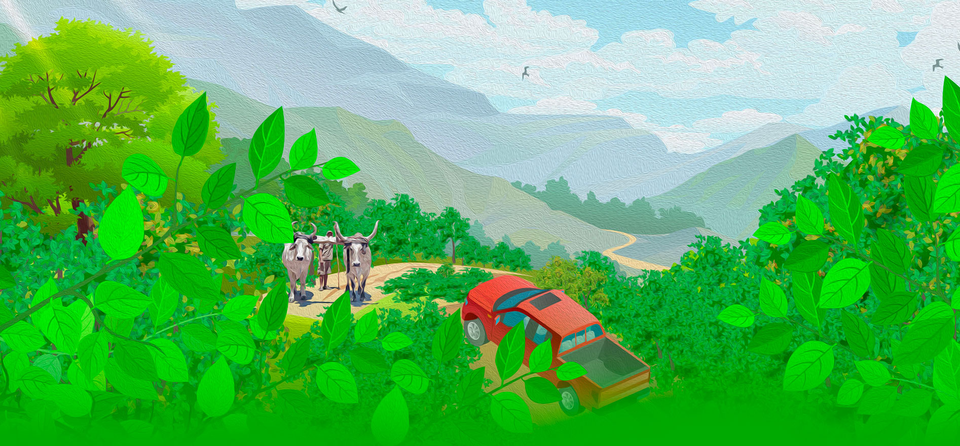 Illustration of a red pickup truck traversing hills of dirt and foliage.