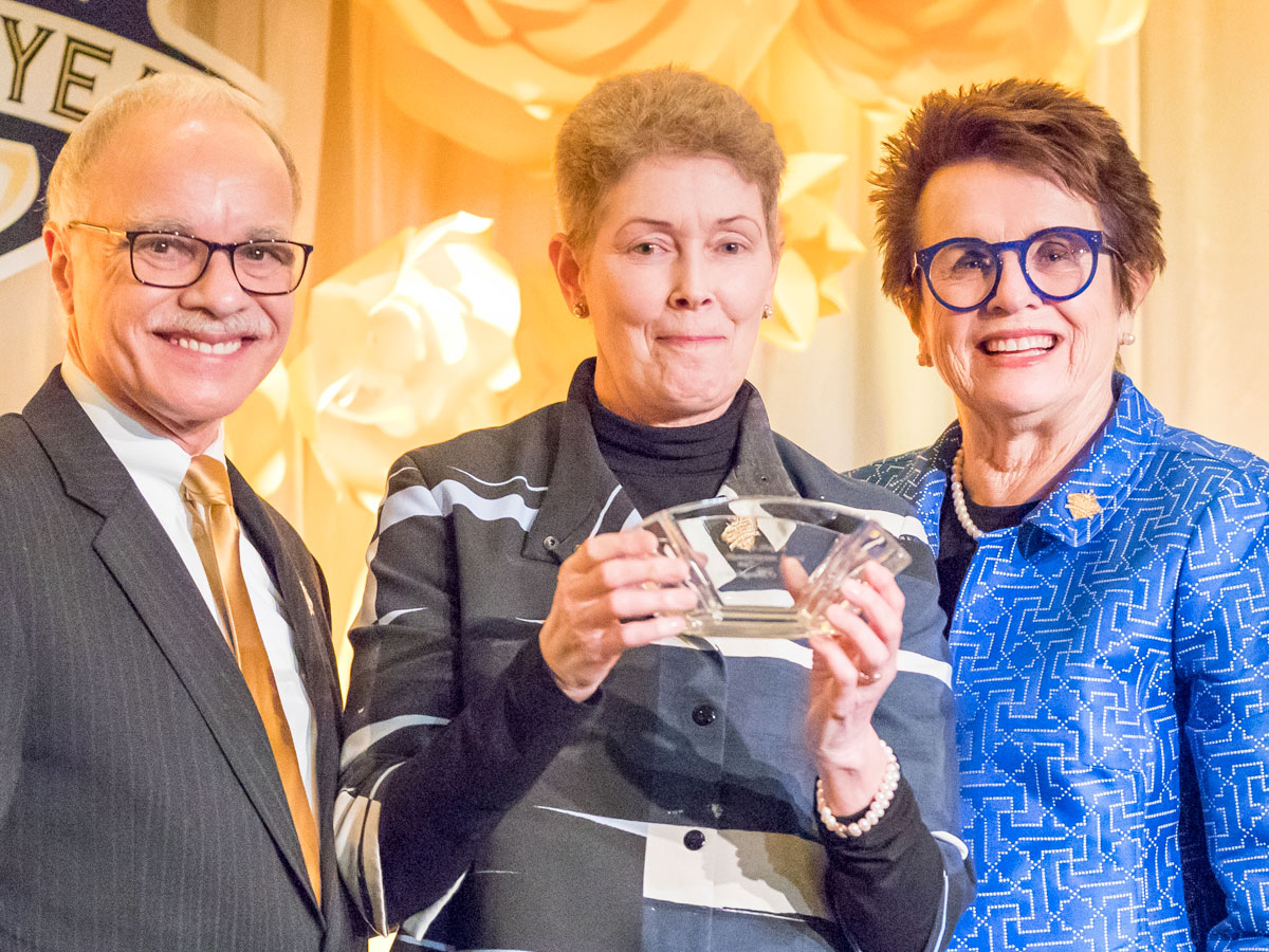 Cal State LA President William Covino with Billie Jean King (on right) and Tam O'Shaughnessy Cal State LA President William Covino with Billie Jean King and Tam O'Shaughnessy