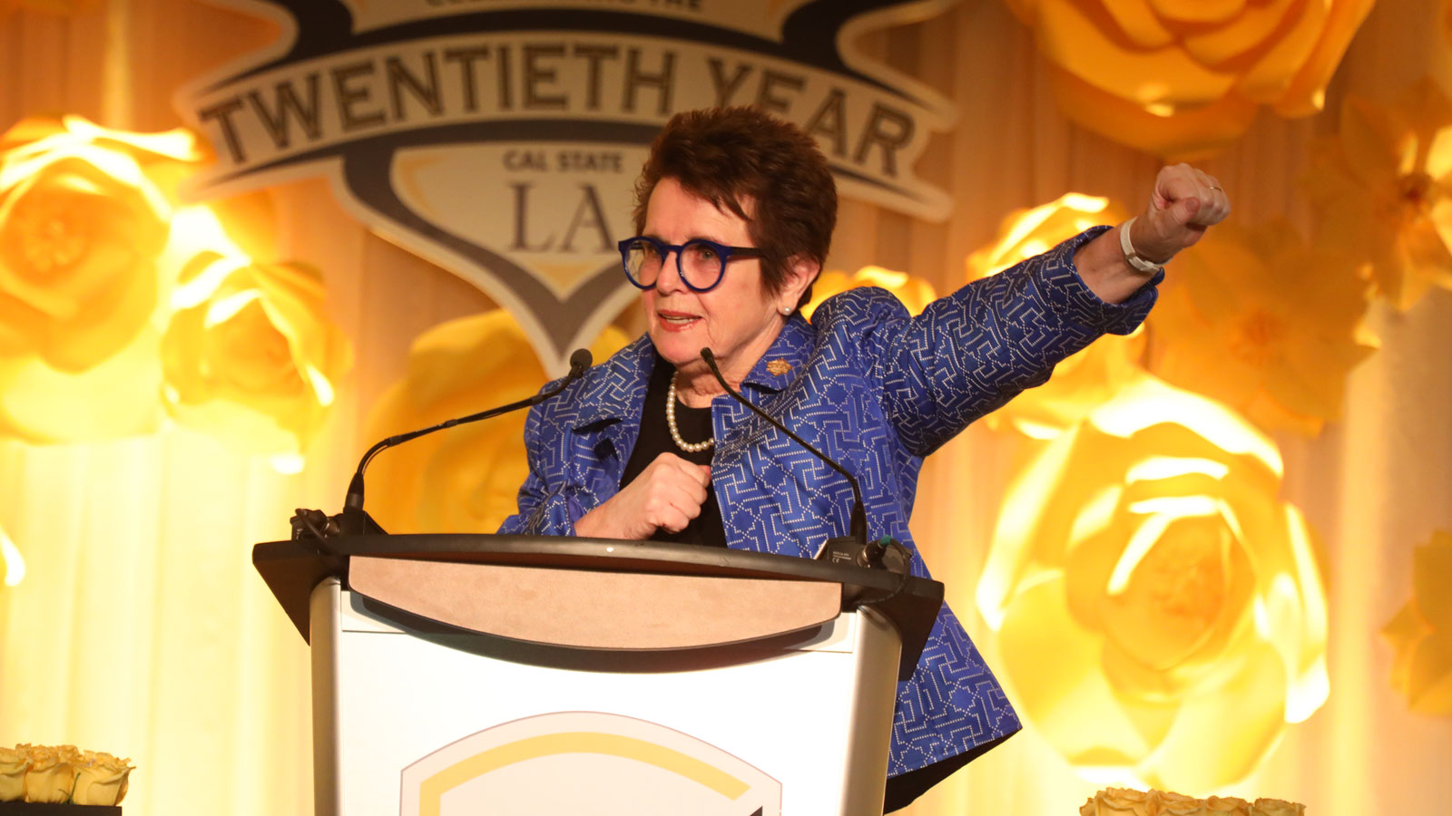 Billie Jean King at the 20th Billie Jean King & Friends gala Billie Jean King speaking at the 20th Billie Jean King & Friends gala