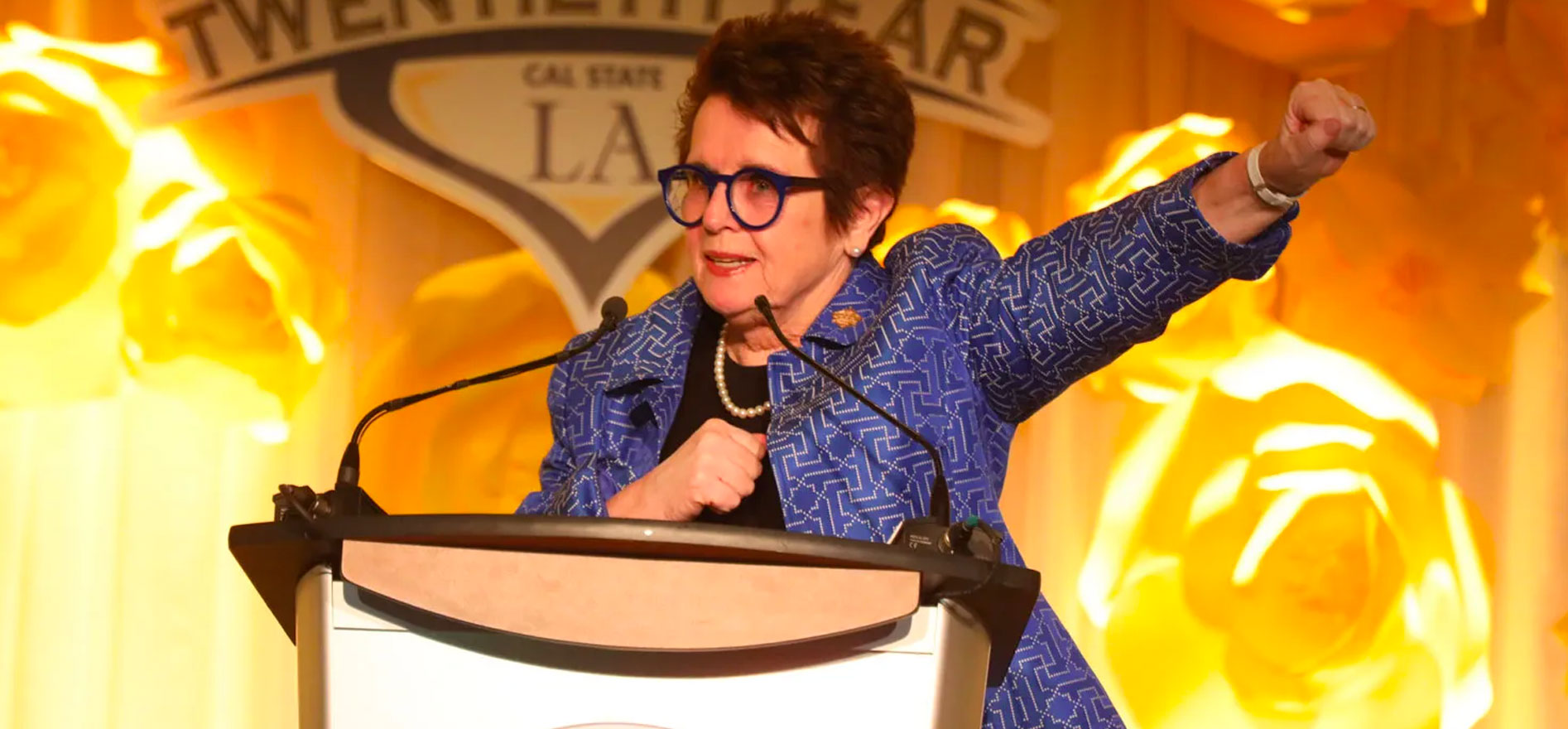 Billie Jean King speaking at the 20th Billie Jean King & Friends gala