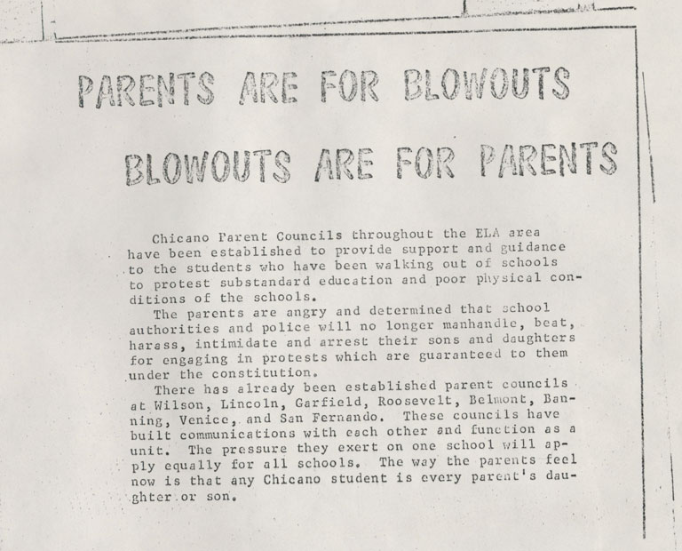 Flyer materials promoting the blowouts. Flyer stating "PARENTS ARE FOR BLOWOUTS, BLOWOUTS ARE FOR PARENTS"