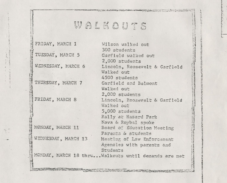 Walkout flyer showing dates of walkouts and important events. Flyer showing dates of when schools walked out and other related events surrounding the walkouts.