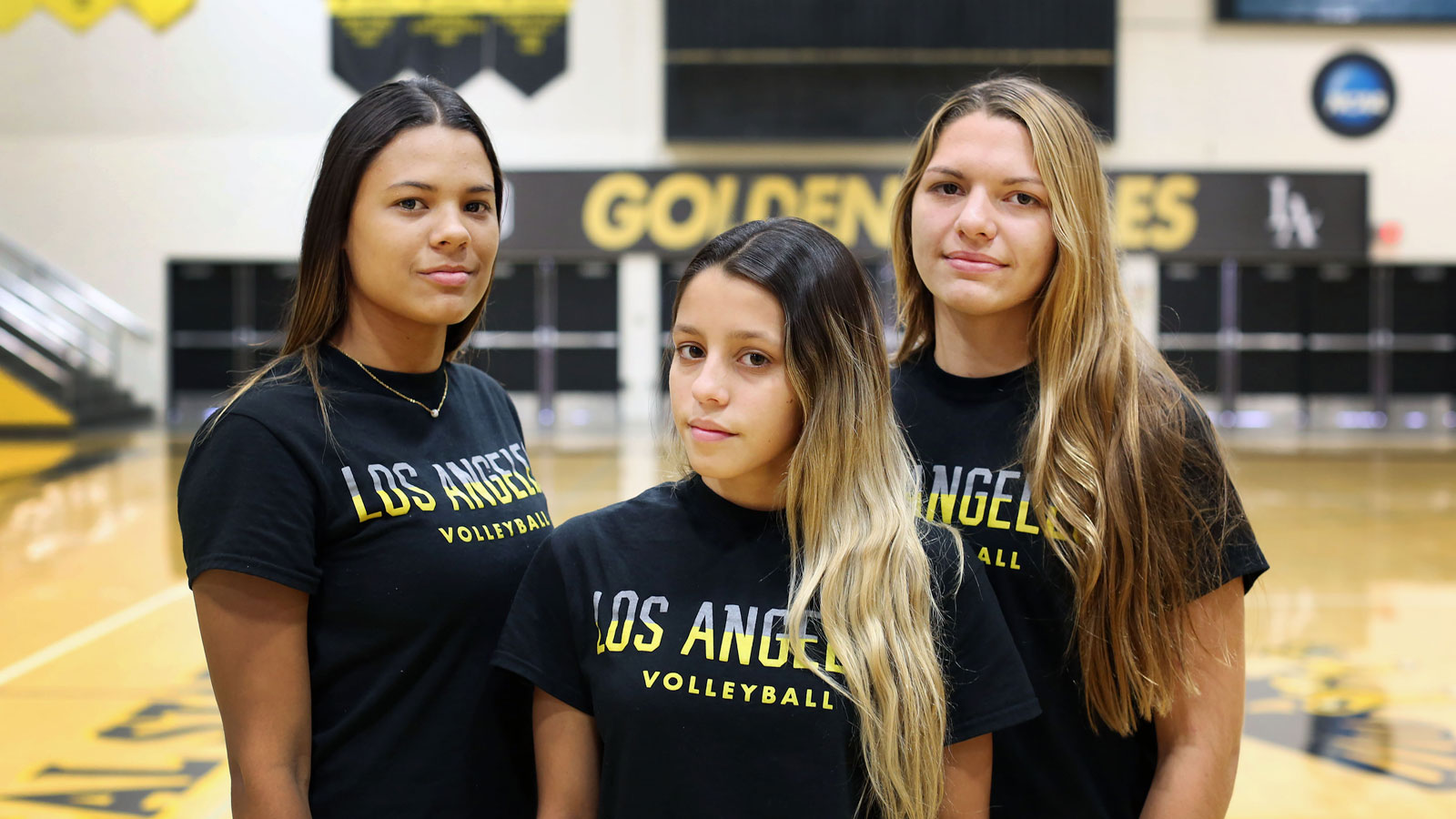 Cal State LA women's volleyball teammates Karla Santos, Jeshmaire Suarez and Alejandra Negron. Cal State LA women's volleyball teammates Karla Santos, Jeshmaire Suarez and Alejandra Negron.
