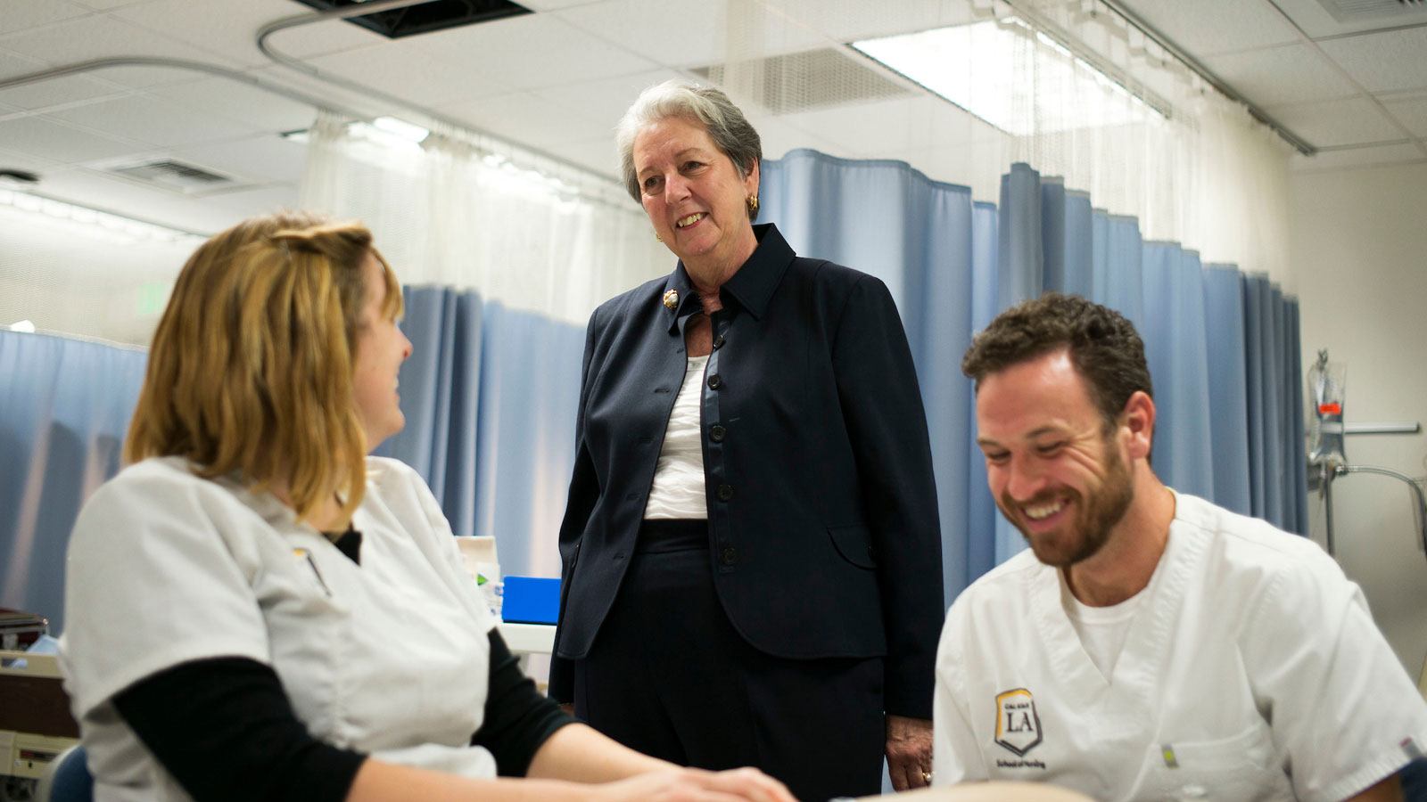 Patricia A. Chin visits with Cal State LA students in the nursing simulation laboratory Patricia A. Chin visits with Cal State LA students in the nursing simulation laboratory