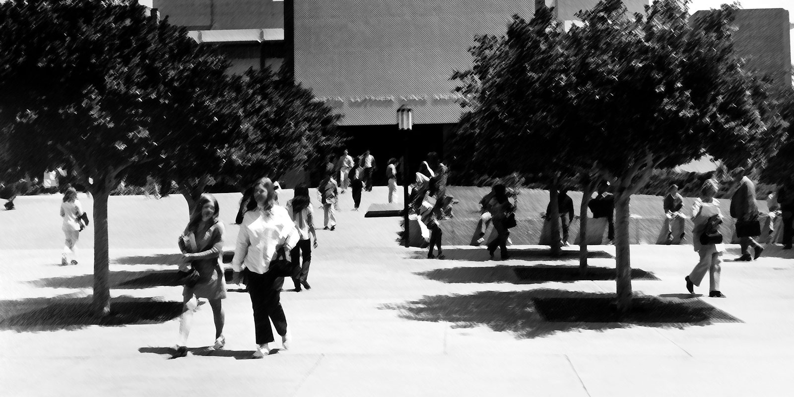 Cal State LA students from the 1960s walking by King Hall Cal State LA students from the 1960s walking by King Hall