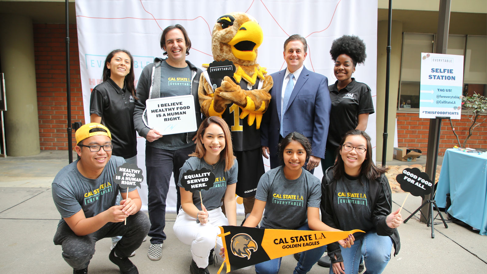 Cal State LA students pose for a photo with Everytable founder, Sam Polk, Cal State LA Vice President, Jose Gomez, and Eddie the Eagle. Cal State LA students pose for a photo with Everytable founder, Sam Polk, Cal State LA Vice President, Jose Gomez, and Eddie the Eagle.
