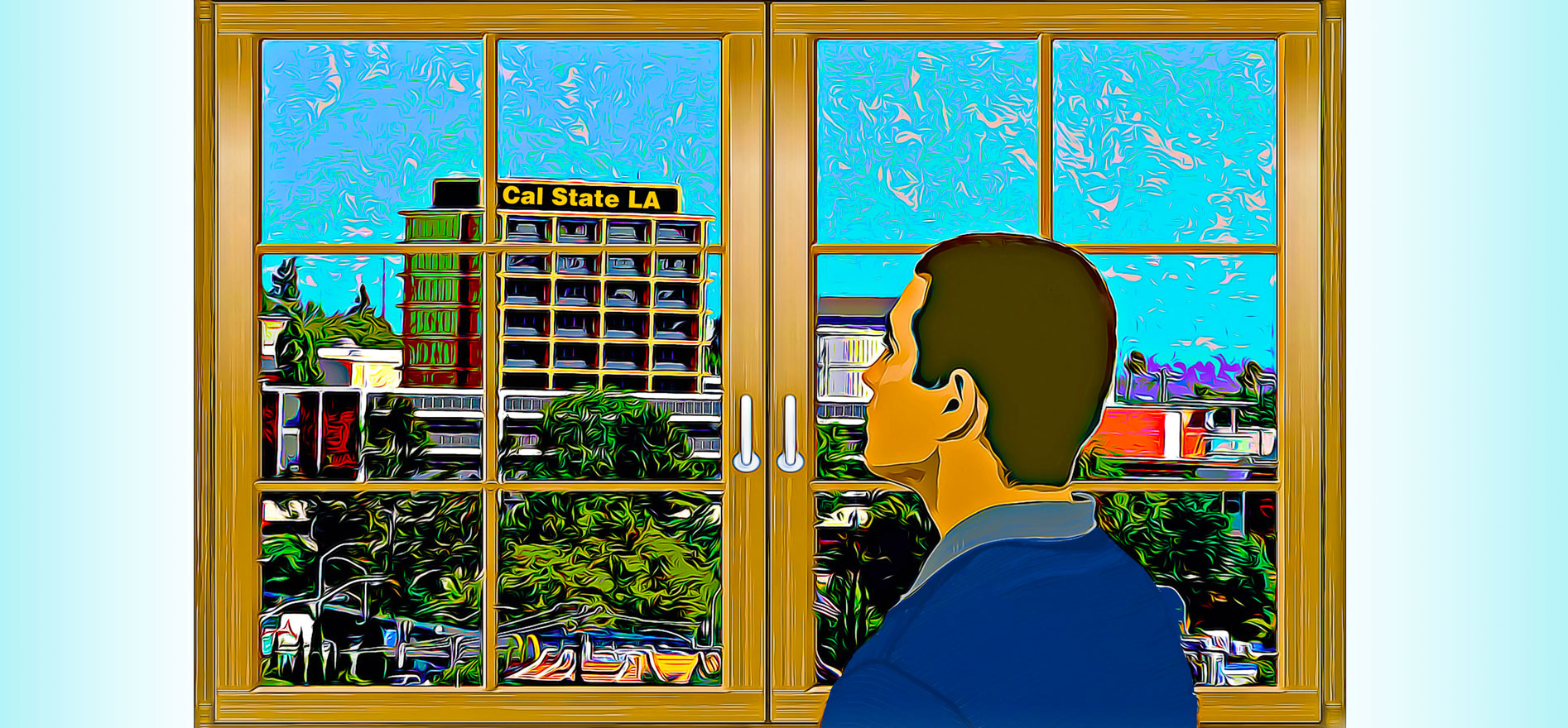 Illustration by Nery Orellana depicting Sal Rojas looking out a window at Cal State LA in the distance.