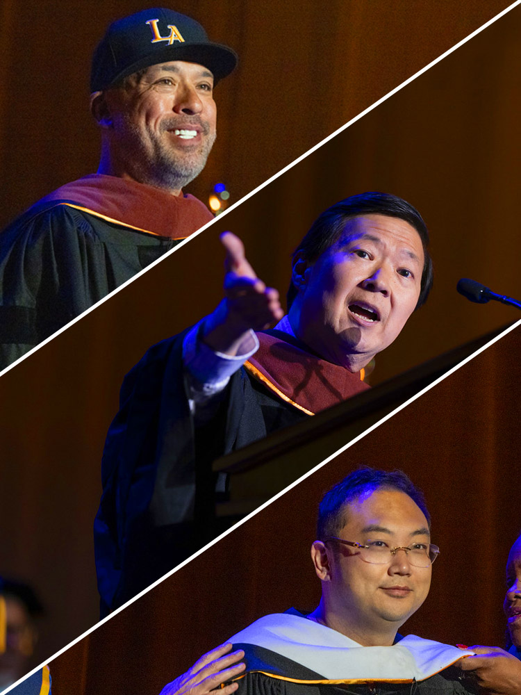 A collage of three commencement speakers.