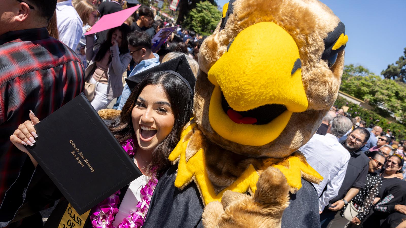 A Cal State LA graduate celebrates with the Golden Eagle mascot after receiving their diploma during the 2025 Commencement ceremony.
