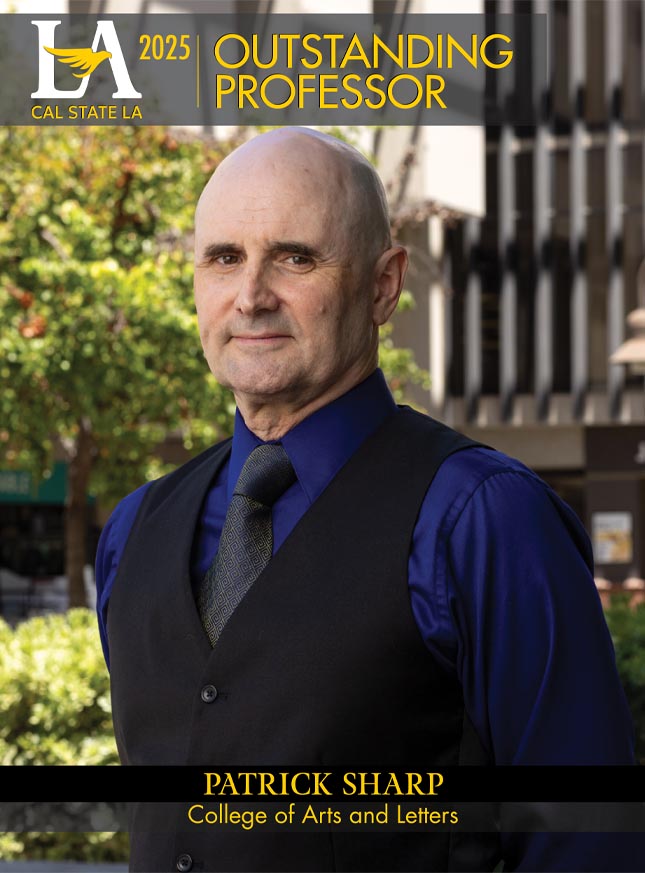 Cal State LA 2025 Outstanding Professor Patrick Sharp of the College of Arts and Letters poses on campus in a vest and tie.