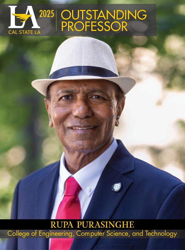 Rupa Purasinghe of the College of Engineering, Computer Science, and Technology smiles outdoors wearing a suit and hat.
