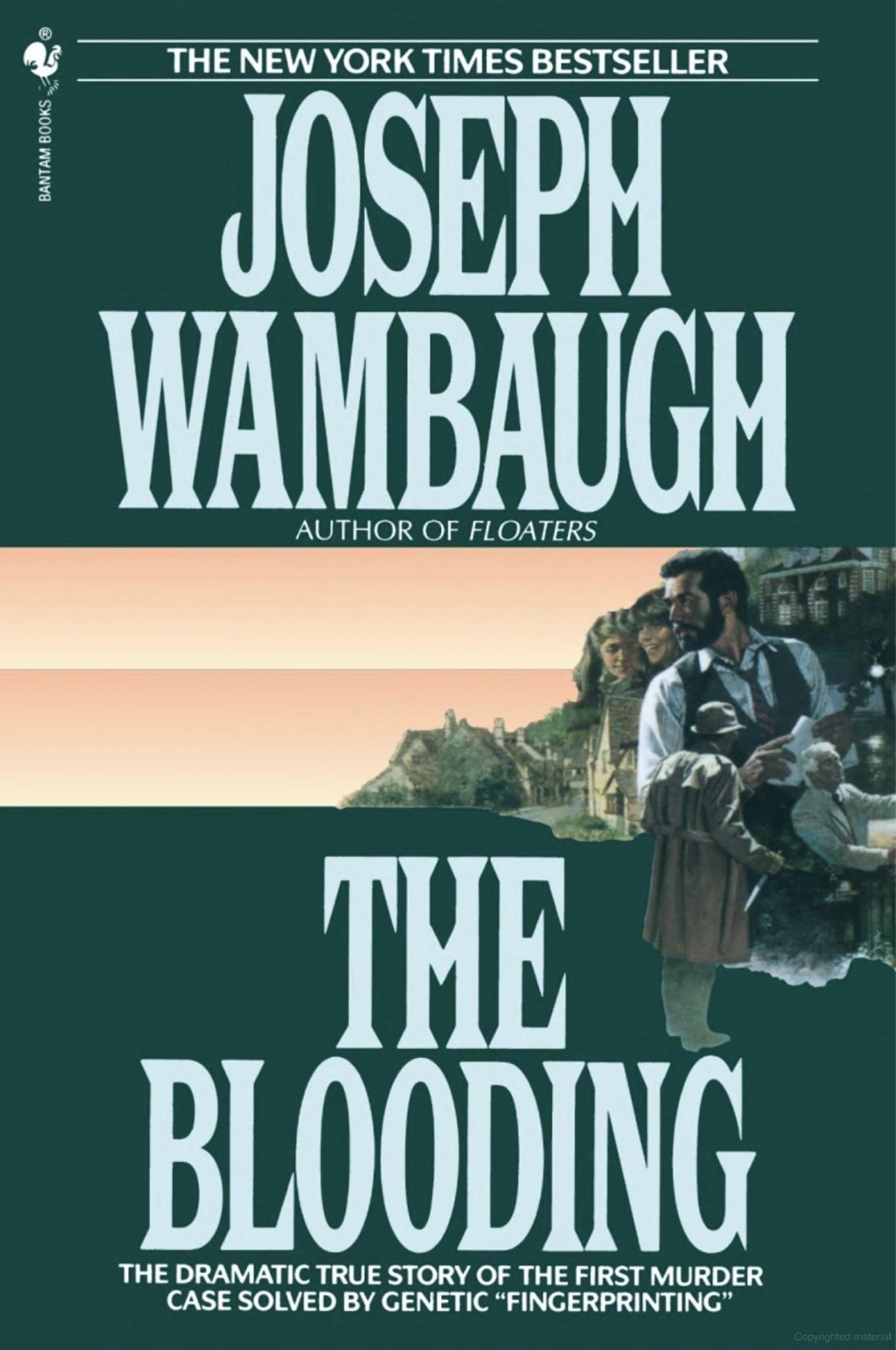Cover of The Blooding by Joseph Wambaugh, depicting investigators and village scenery with green tones.